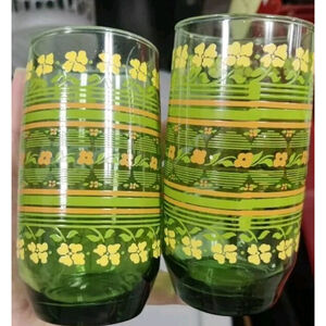Vintage Green Yellow Orange Flowers Floral Ombre Drinking Glasses Lot of 2